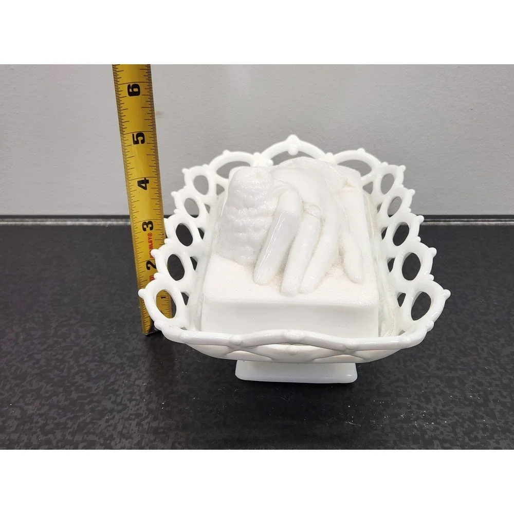 Atterbury Milk Glass Hand with Bird Lace Edge Trinket Dish Pat 1889 Good READ